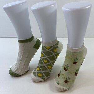 Womens Ankle Socks 3 Pack Cactus Yellow Hearts Cable Knit Green Beige